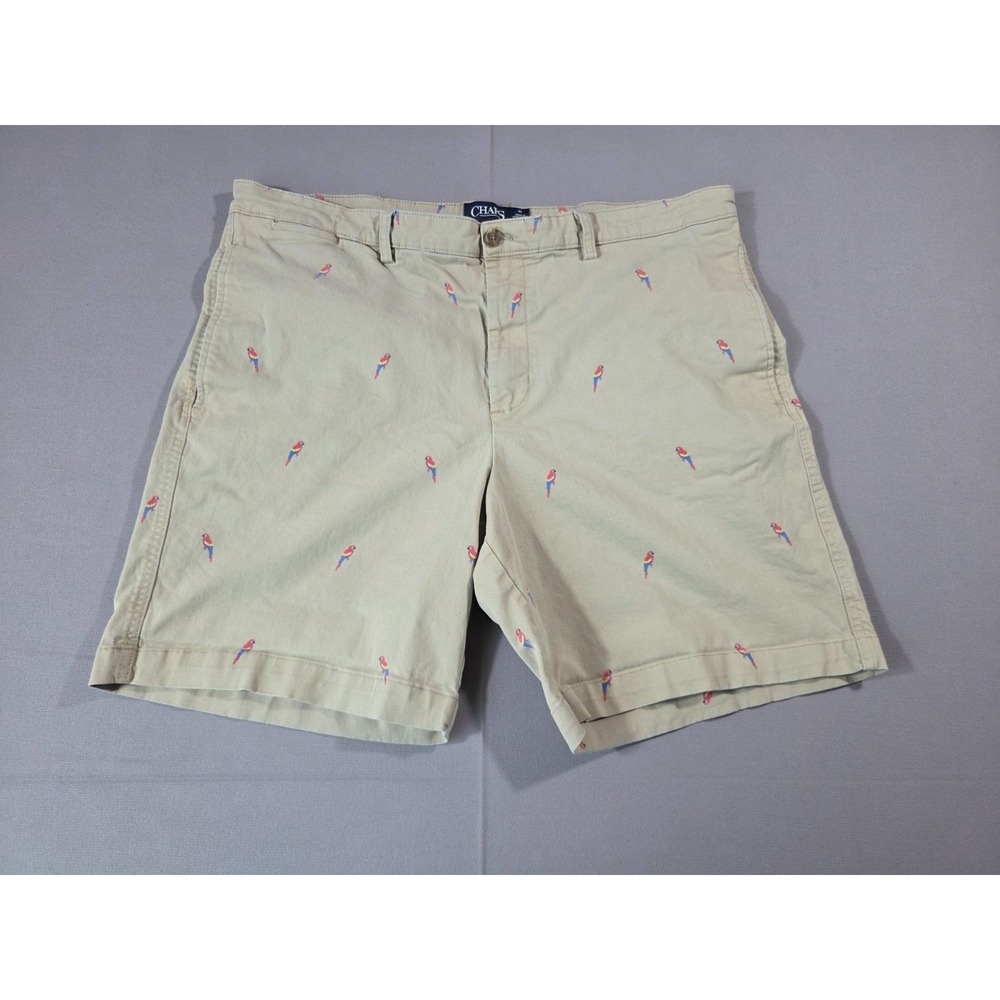 Chaps Shorts Mens 40 Khaki Stretch Scarlet Macaw Parrot Animal Exotic Chino
